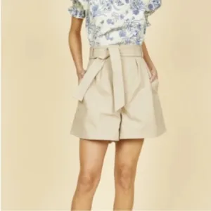 Hunter Bell Tyler Belted Cotton Twill High Rise Waist Shorts Khaki Cream Sz 0
