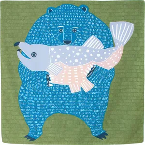 Kata Kata - Water repellent finish - Bear and Salmon アクアドロップ くまとさけ グリーン(撥水加工) - Furoshiki   100 x 100 cm