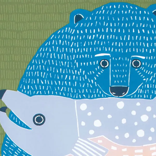 Kata Kata - Water repellent finish - Bear and Salmon アクアドロップ くまとさけ グリーン(撥水加工) - Furoshiki   100 x 100 cm