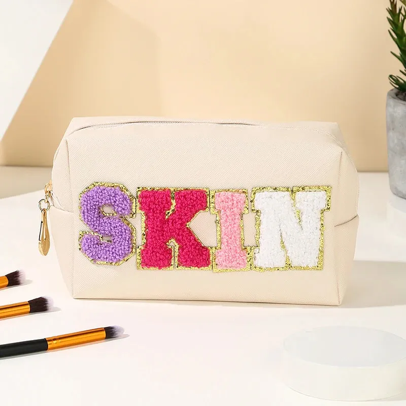 Kawaii Chenille Letter Waterproof Makeup Pouch ✨👜 Cute PU Leather Toiletry Bag for Travel 🌈💖
