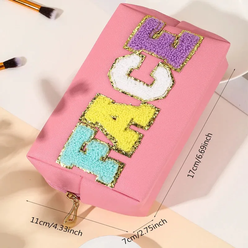 Kawaii Chenille Letter Waterproof Makeup Pouch ✨👜 Cute PU Leather Toiletry Bag for Travel 🌈💖