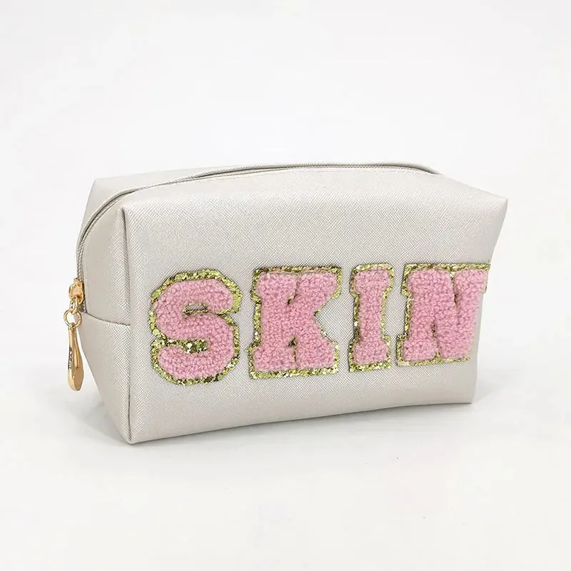 Kawaii Chenille Letter Waterproof Makeup Pouch ✨👜 Cute PU Leather Toiletry Bag for Travel 🌈💖