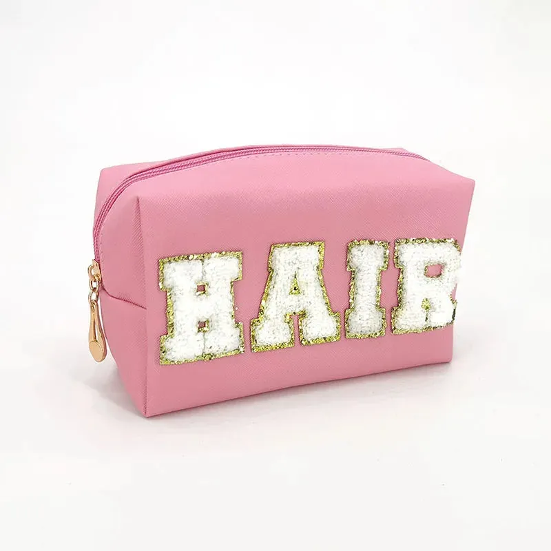 Kawaii Chenille Letter Waterproof Makeup Pouch ✨👜 Cute PU Leather Toiletry Bag for Travel 🌈💖