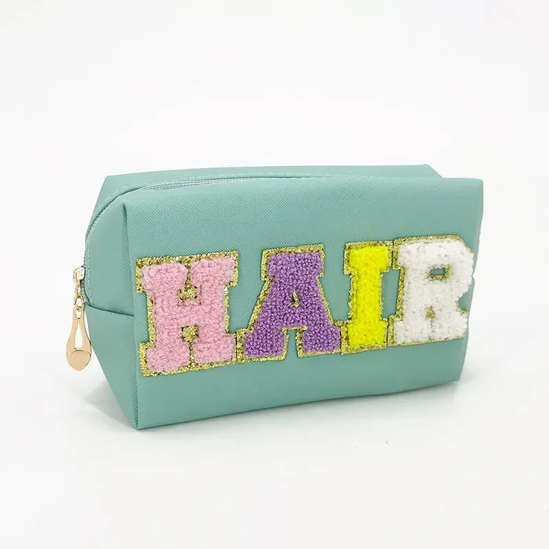 Kawaii Chenille Letter Waterproof Makeup Pouch ✨👜 Cute PU Leather Toiletry Bag for Travel 🌈💖