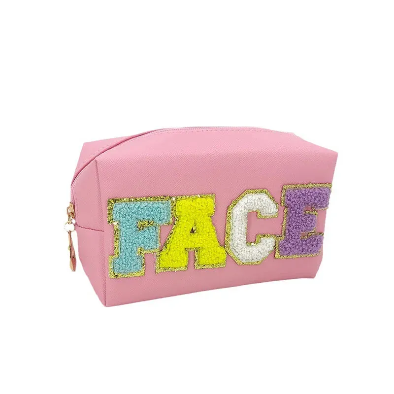 Kawaii Chenille Letter Waterproof Makeup Pouch ✨👜 Cute PU Leather Toiletry Bag for Travel 🌈💖