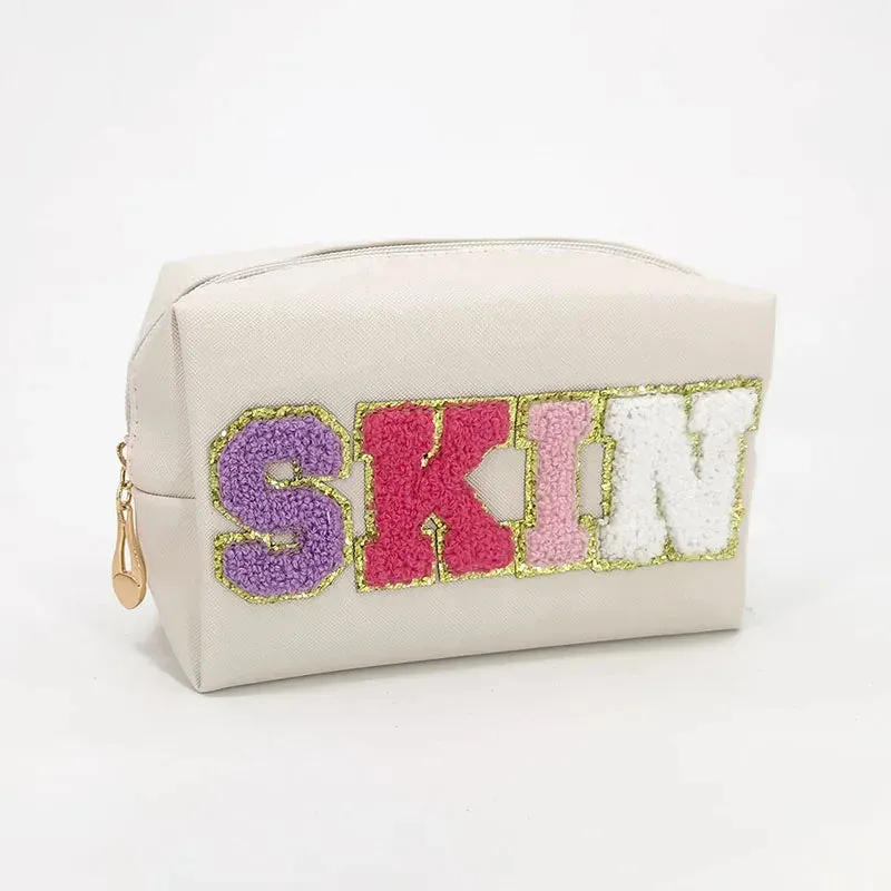 Kawaii Chenille Letter Waterproof Makeup Pouch ✨👜 Cute PU Leather Toiletry Bag for Travel 🌈💖