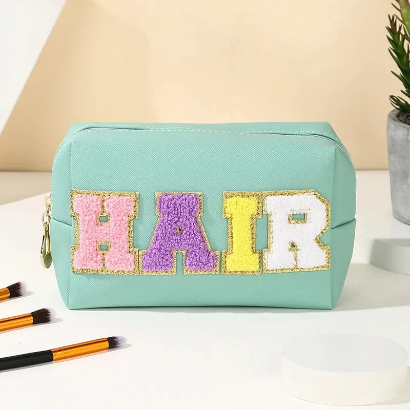 Kawaii Chenille Letter Waterproof Makeup Pouch ✨👜 Cute PU Leather Toiletry Bag for Travel 🌈💖