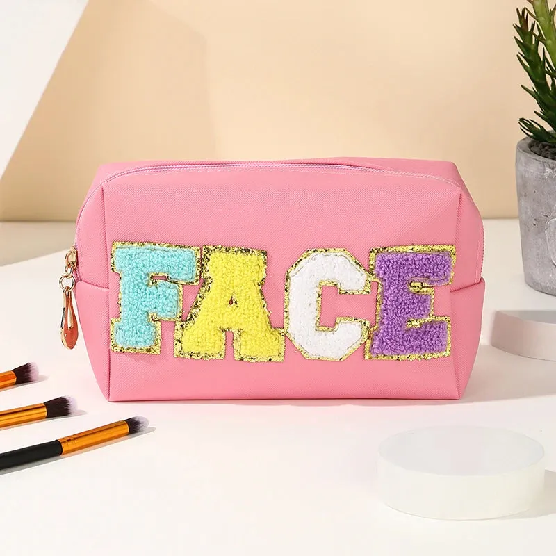 Kawaii Chenille Letter Waterproof Makeup Pouch ✨👜 Cute PU Leather Toiletry Bag for Travel 🌈💖