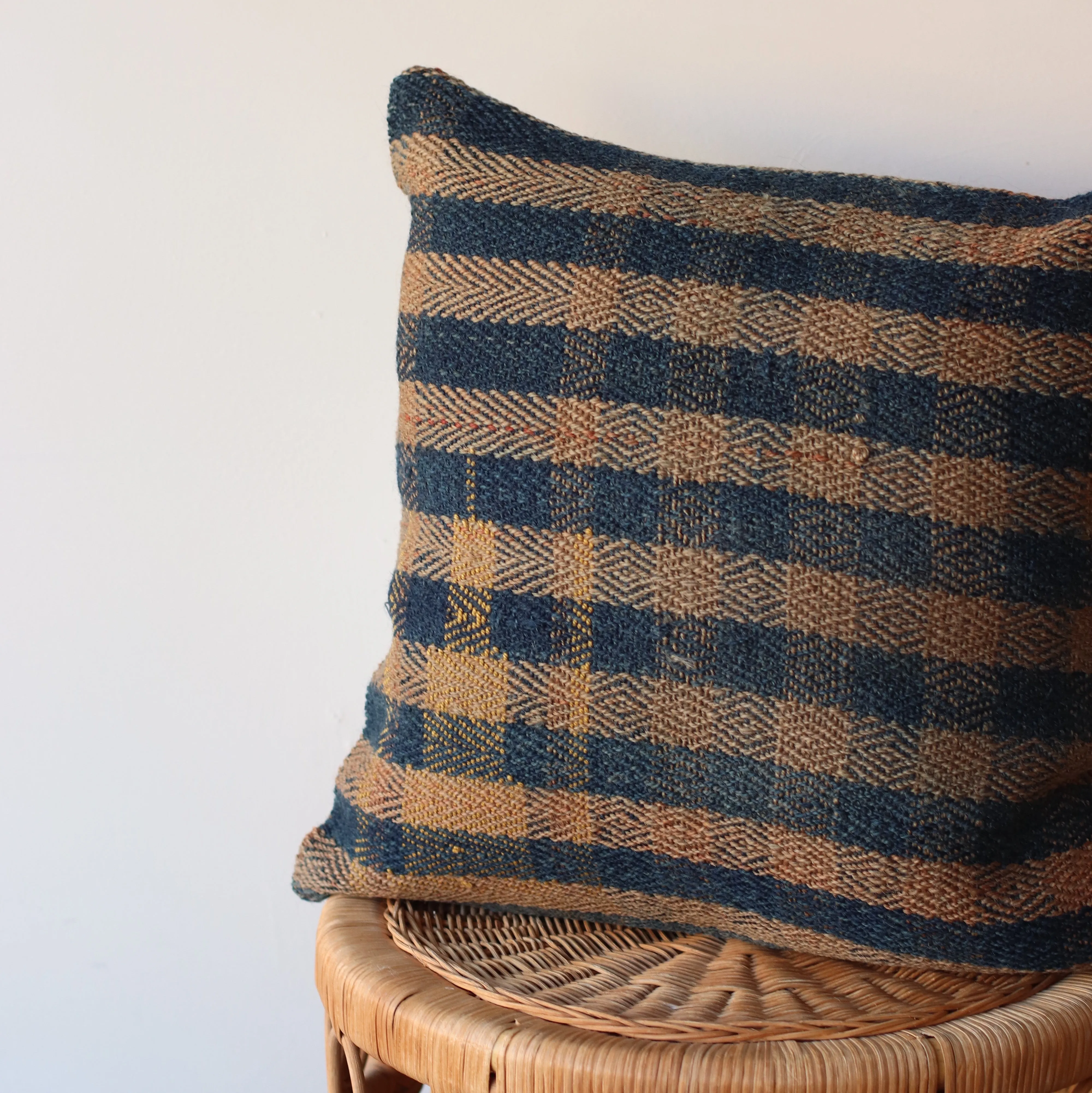 Kilim Pillow | Navy and Goldenrod Check,  includes insert 16"