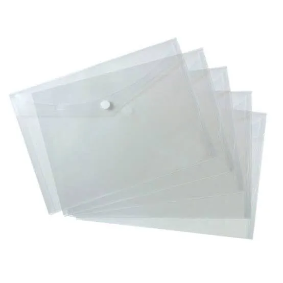 KIYA ® A4 Document File Bag, Transparent Envelope Holder Storage Case, Snap Button Organizer, Clear Heavy Plastic Container for Papers, Stationery - 1 Per Pack