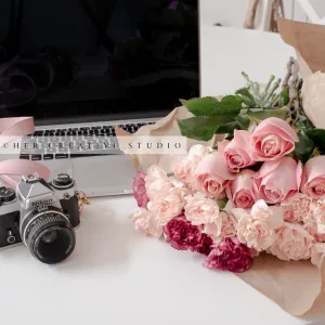 Laptop, Camera & Carnations, Styled Image