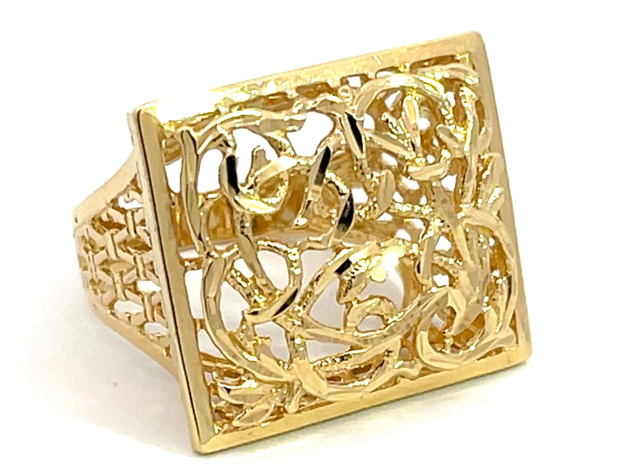 Large Rectangular Scroll Cutout Ring in 14k Yellow Gold