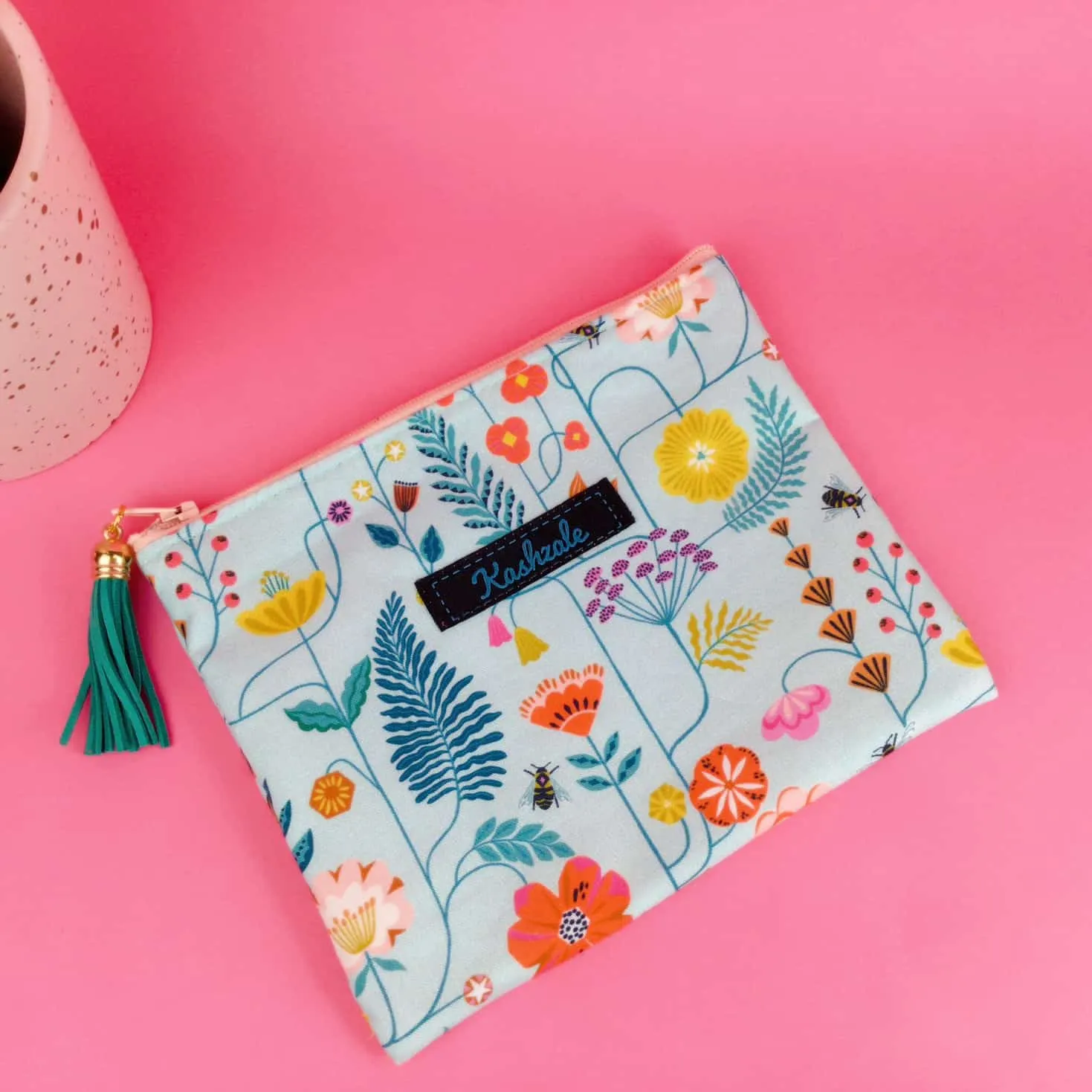 Light Blue Floral Small Clutch, Small makeup bag.