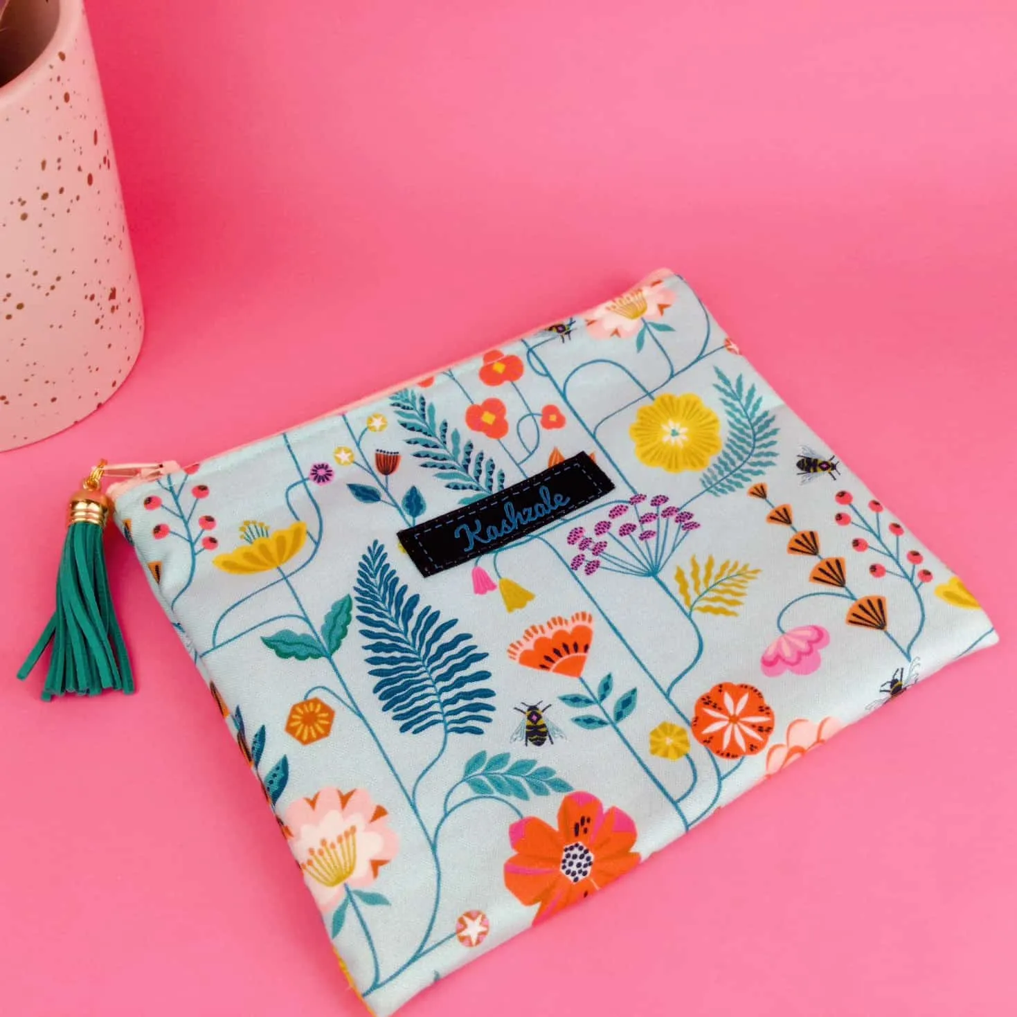 Light Blue Floral Small Clutch, Small makeup bag.