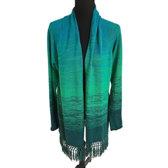 Lilly Pulitzer Womens Tatum Green Ombre Fringe Open Cardigan Sweater Large