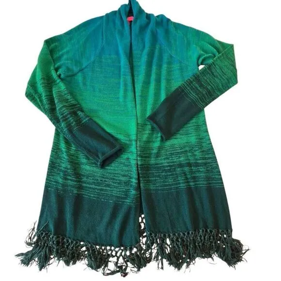 Lilly Pulitzer Womens Tatum Green Ombre Fringe Open Cardigan Sweater Large