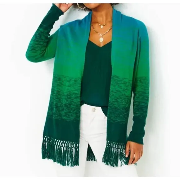 Lilly Pulitzer Womens Tatum Green Ombre Fringe Open Cardigan Sweater Large