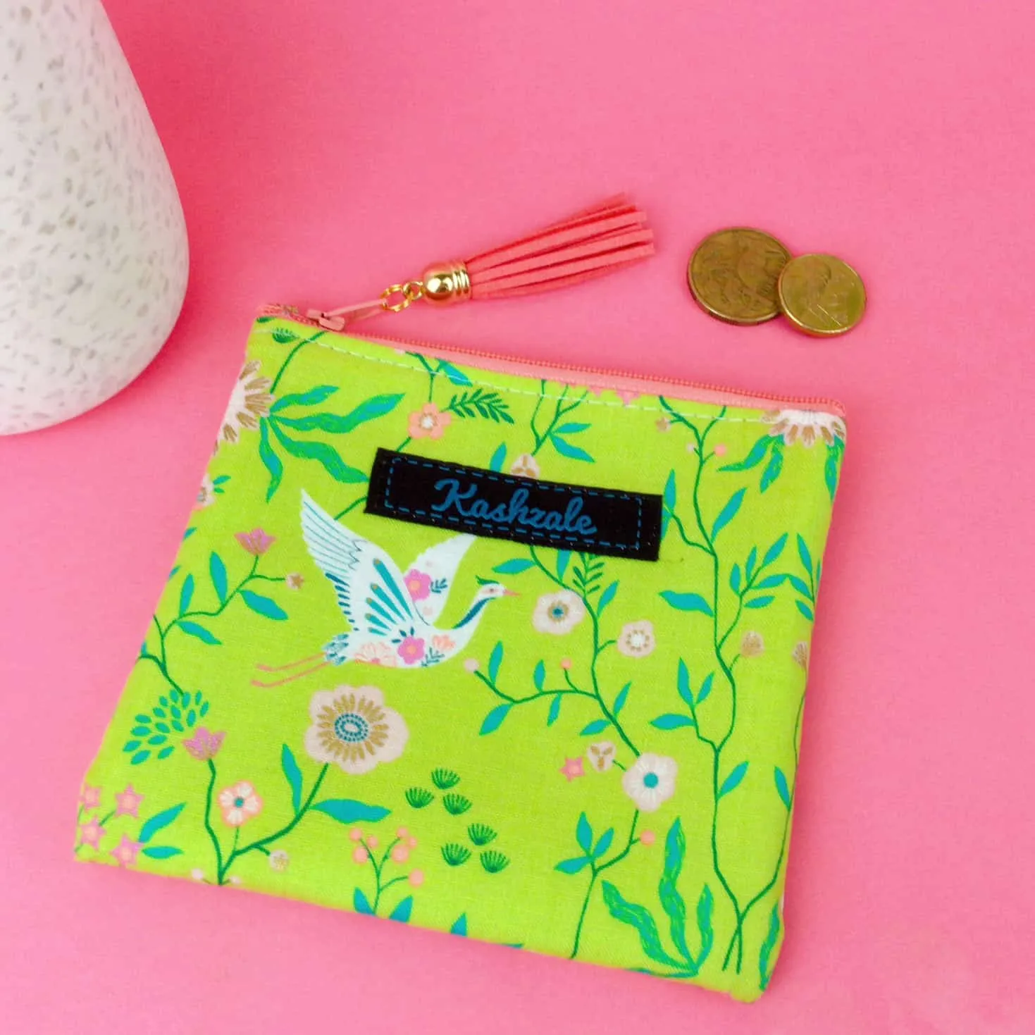 Lime Cranes Coin Purse. Green Coin Purse