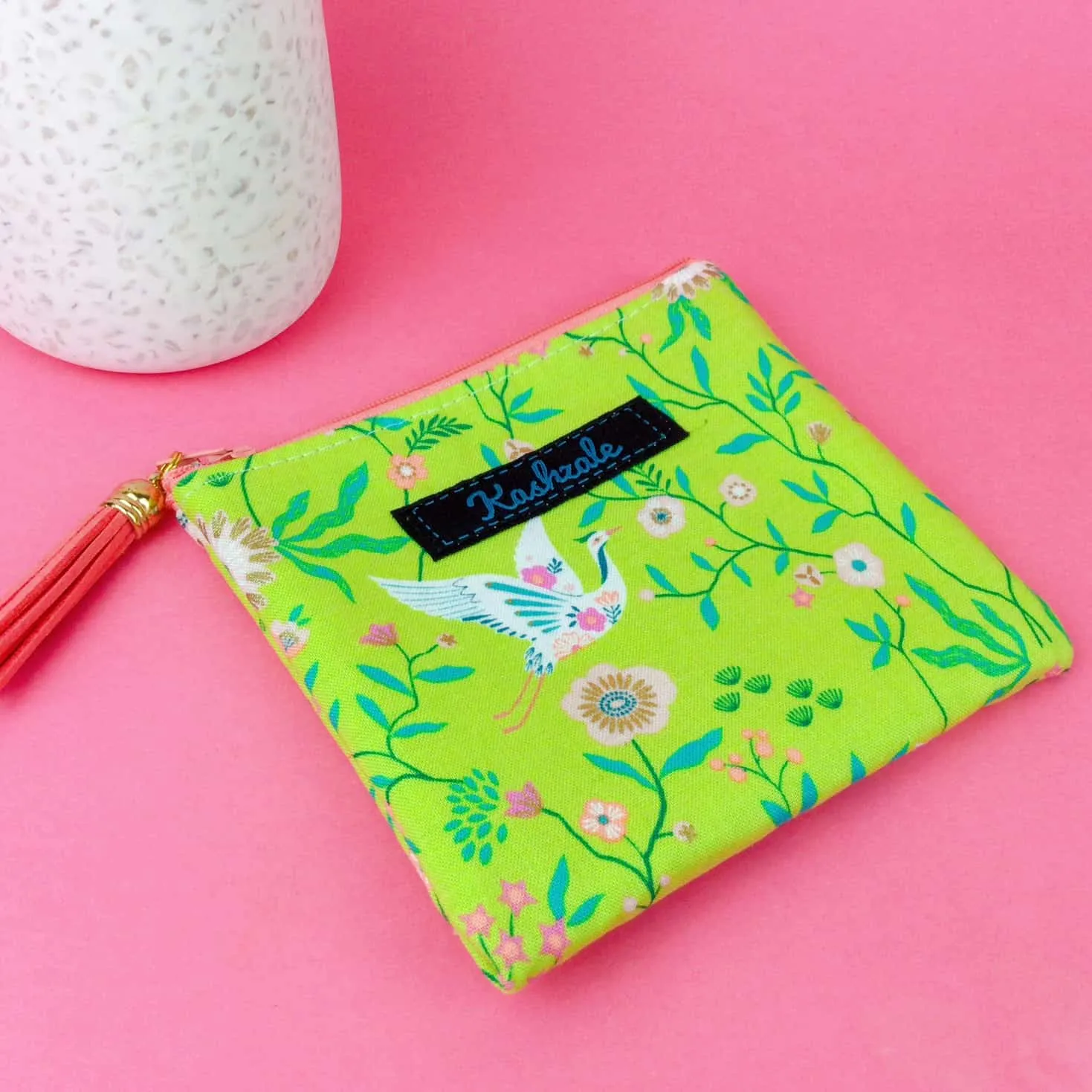 Lime Cranes Coin Purse. Green Coin Purse