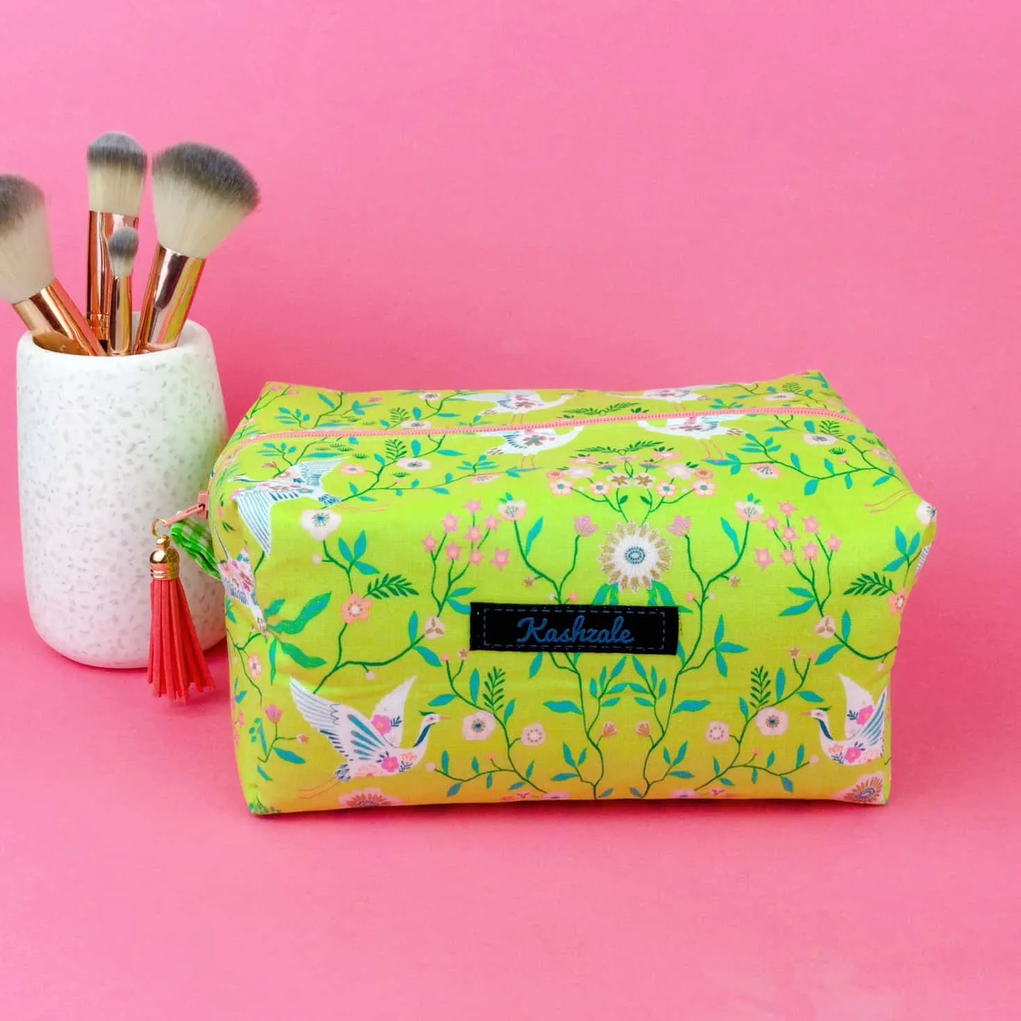 Lime Cranes Large Box Cosmetic Bag. Green Makeup Bag