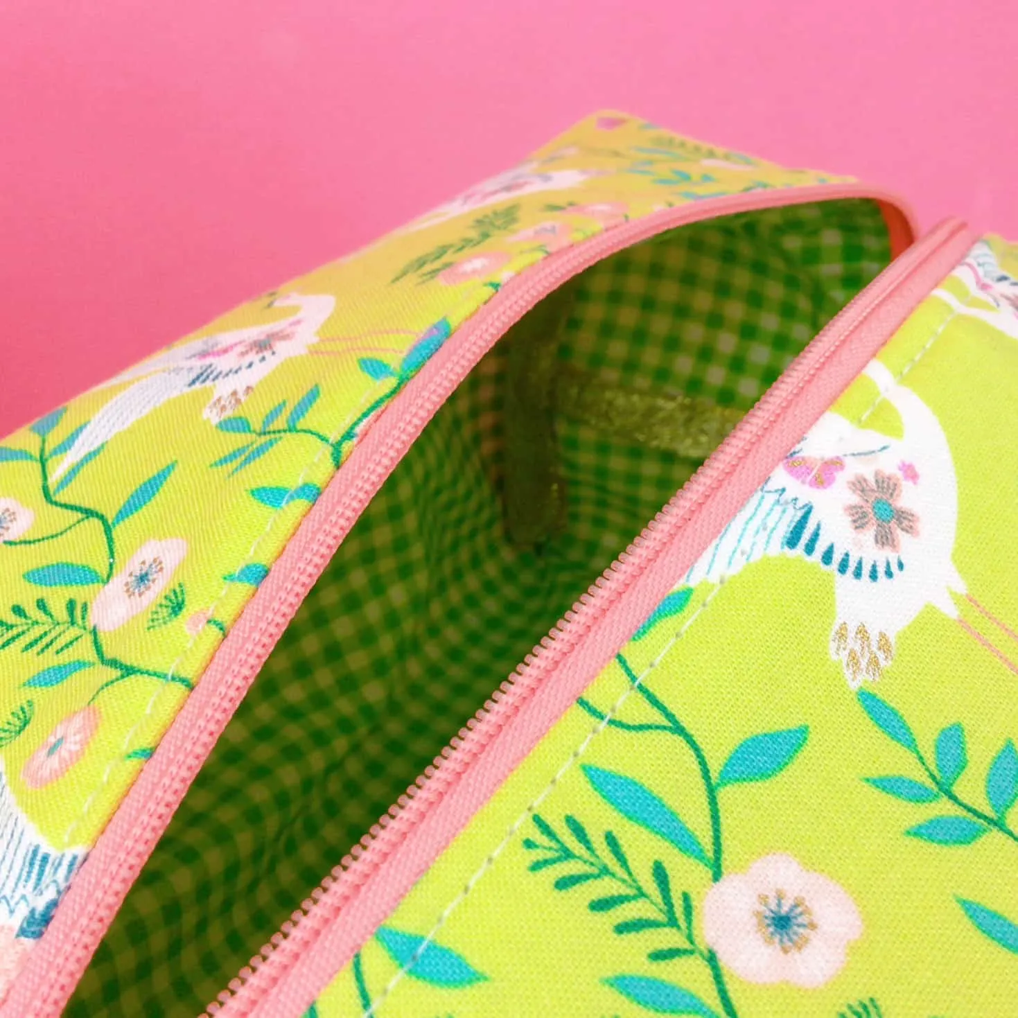 Lime Cranes Large Box Cosmetic Bag. Green Makeup Bag
