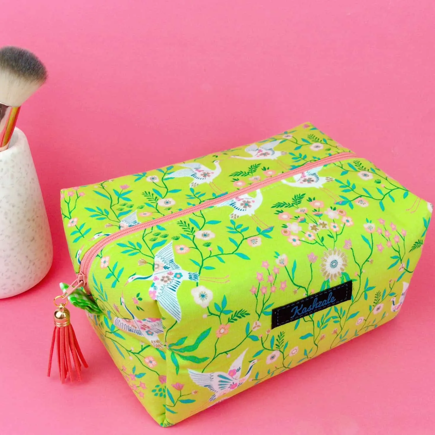 Lime Cranes Large Box Cosmetic Bag. Green Makeup Bag