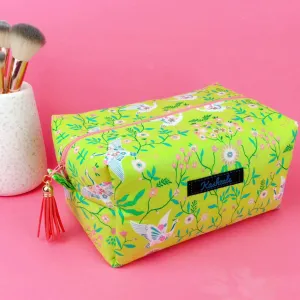 Lime Cranes Large Box Cosmetic Bag. Green Makeup Bag