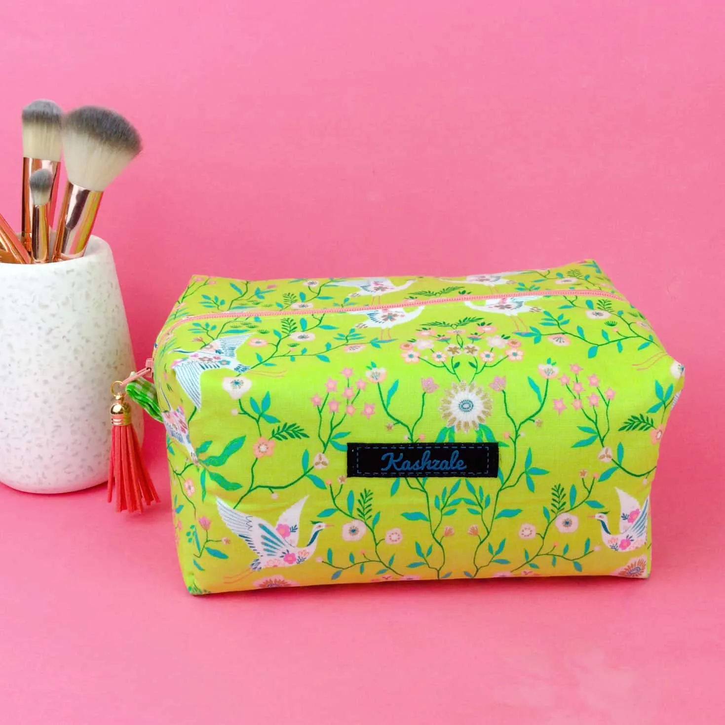Lime Cranes Large Box Cosmetic Bag. Green Makeup Bag