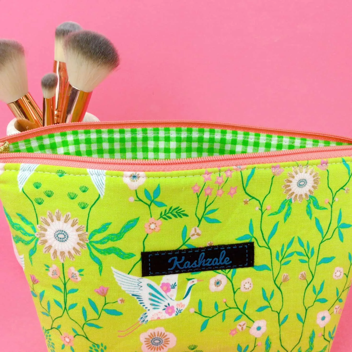 Lime Cranes Medium Cosmetic Bag. Green Cosmetic Bags