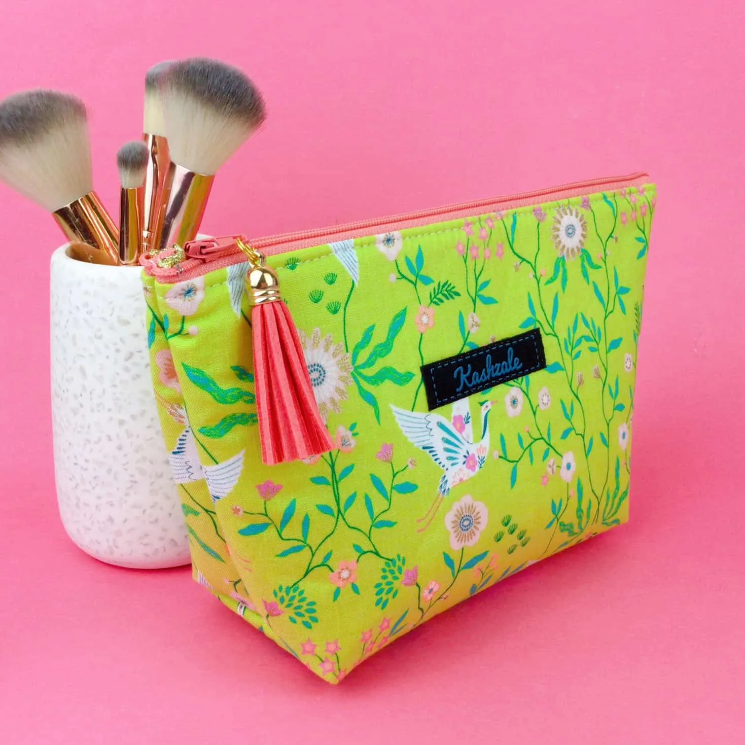 Lime Cranes Medium Cosmetic Bag. Green Cosmetic Bags