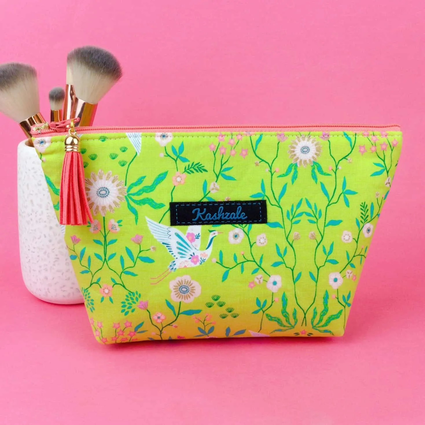 Lime Cranes Medium Cosmetic Bag. Green Cosmetic Bags