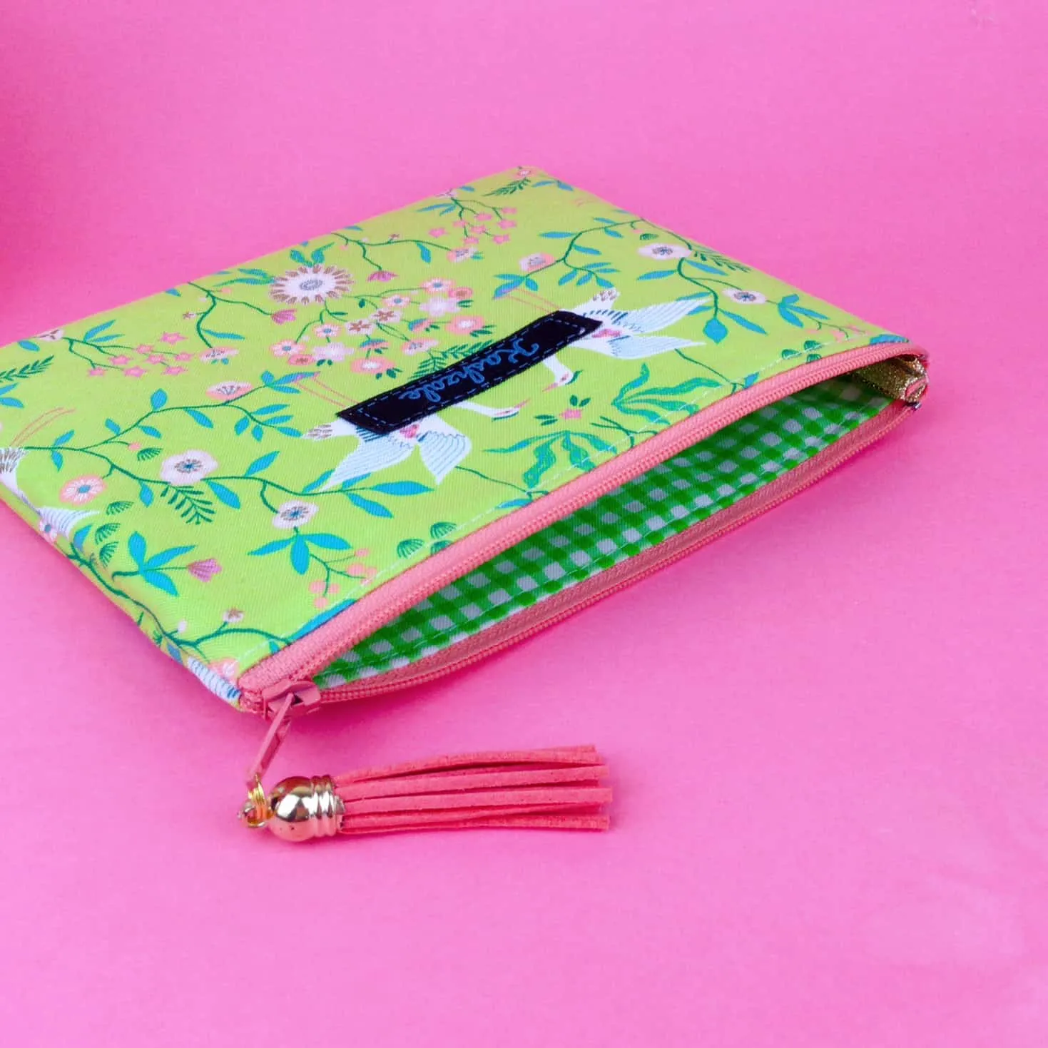 Lime Cranes Small Clutch, Small makeup bag. Green Makeup Bag