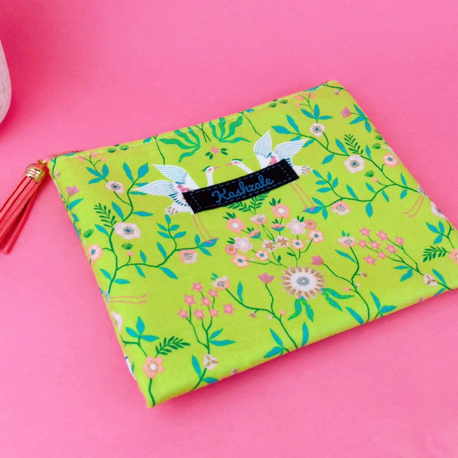 Lime Cranes Small Clutch, Small makeup bag. Green Makeup Bag