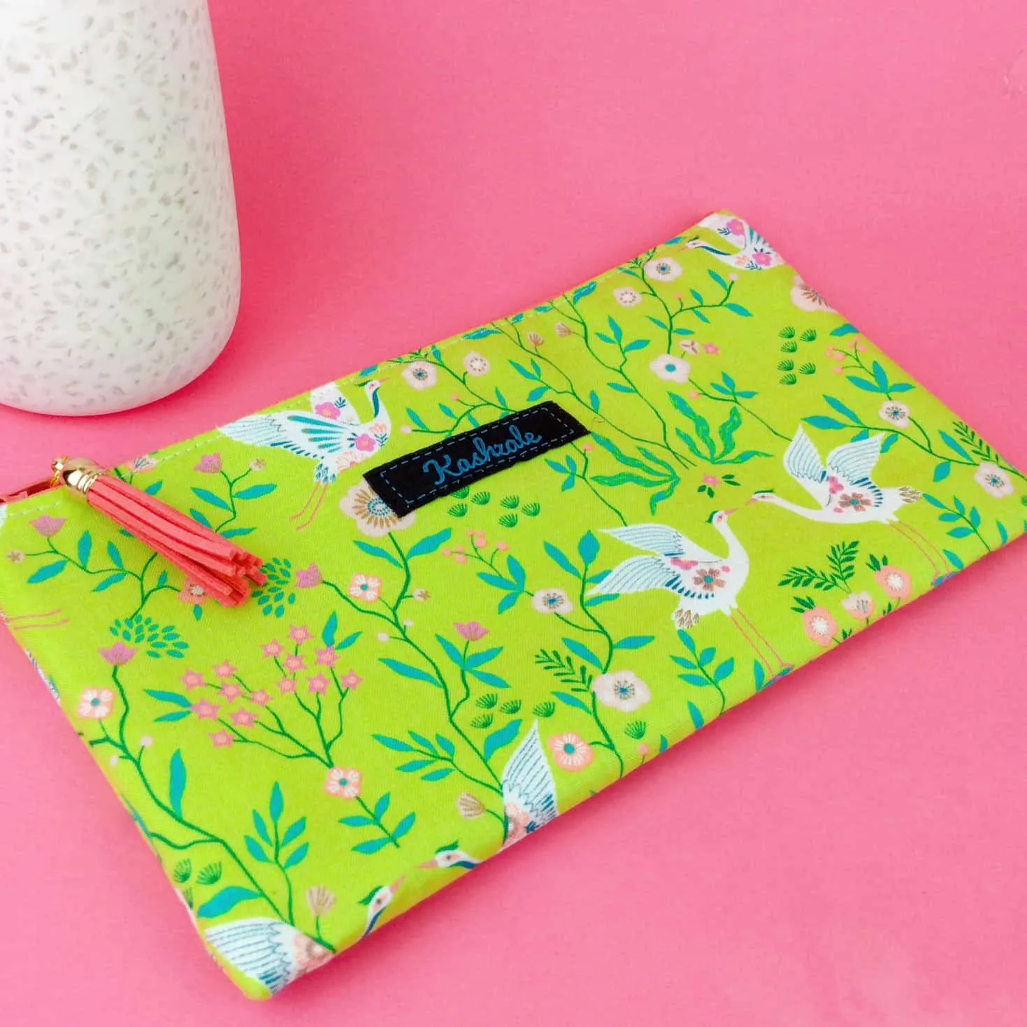 Lime Cranes Zipper Pouch, Travel Pouch. Green Travel Pouch