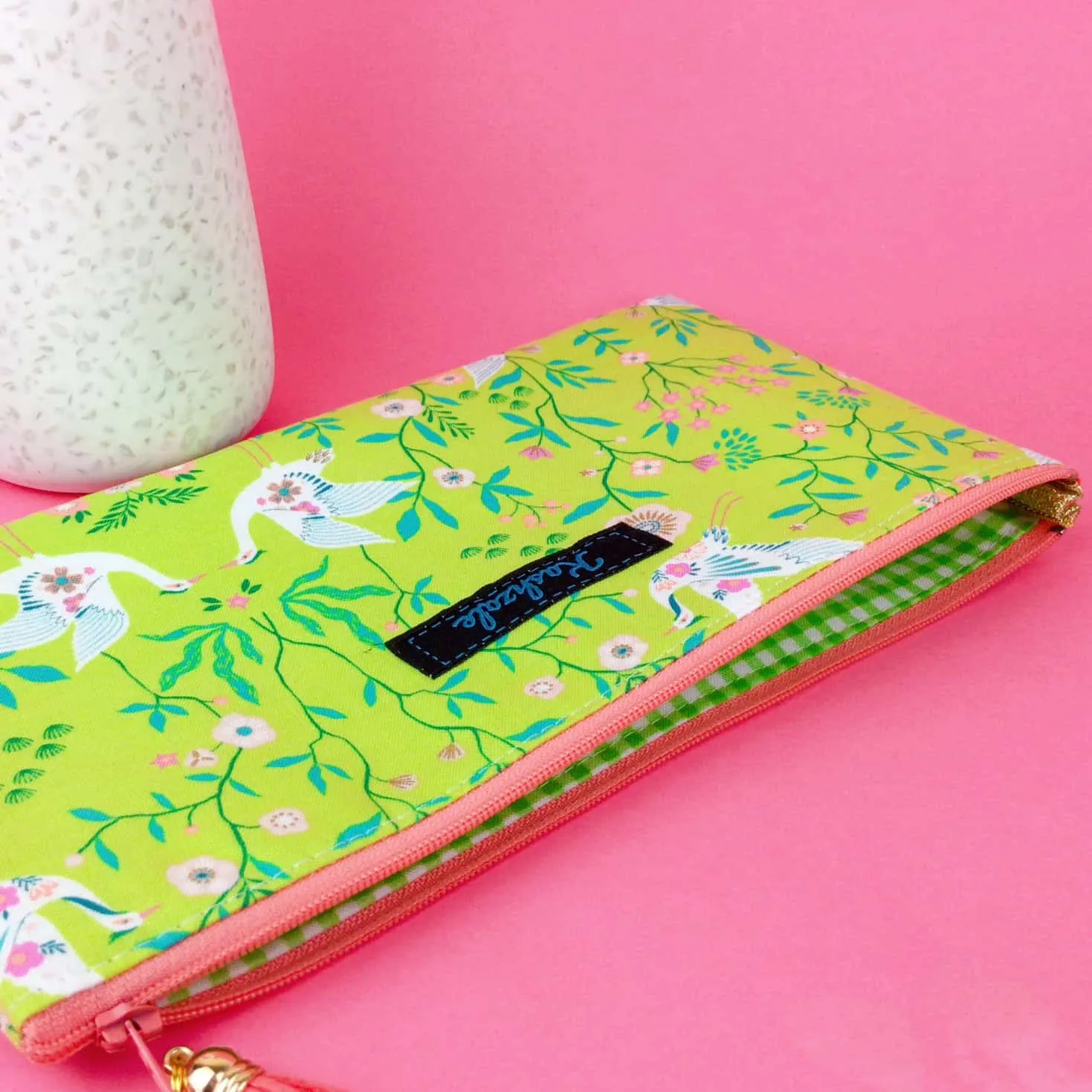 Lime Cranes Zipper Pouch, Travel Pouch. Green Travel Pouch