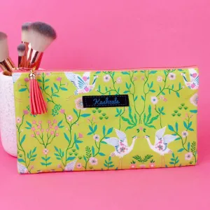 Lime Cranes Zipper Pouch, Travel Pouch. Green Travel Pouch