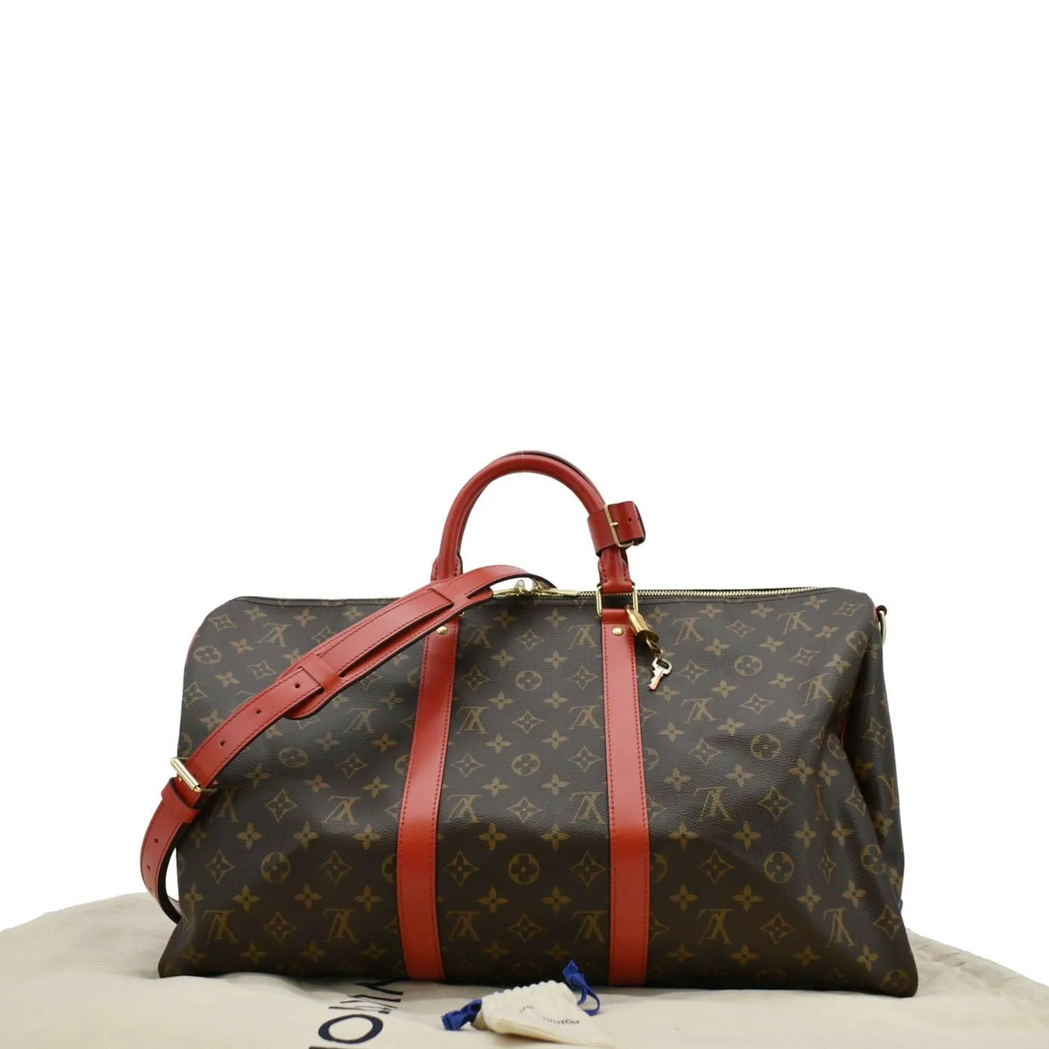 LOUIS VUITTON Keepall 55 Bandouliere Monogram Canvas Travel Bag Red