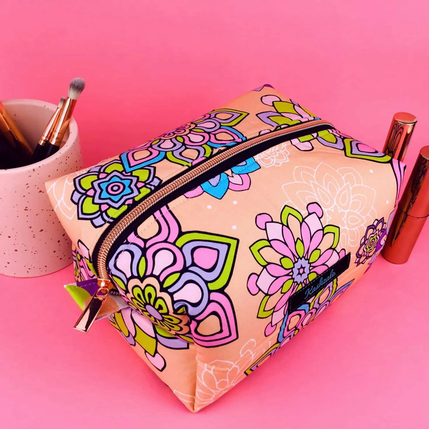 Mandala Magnifica Peach Large Box Cosmetic Bag. Exclusive Design.