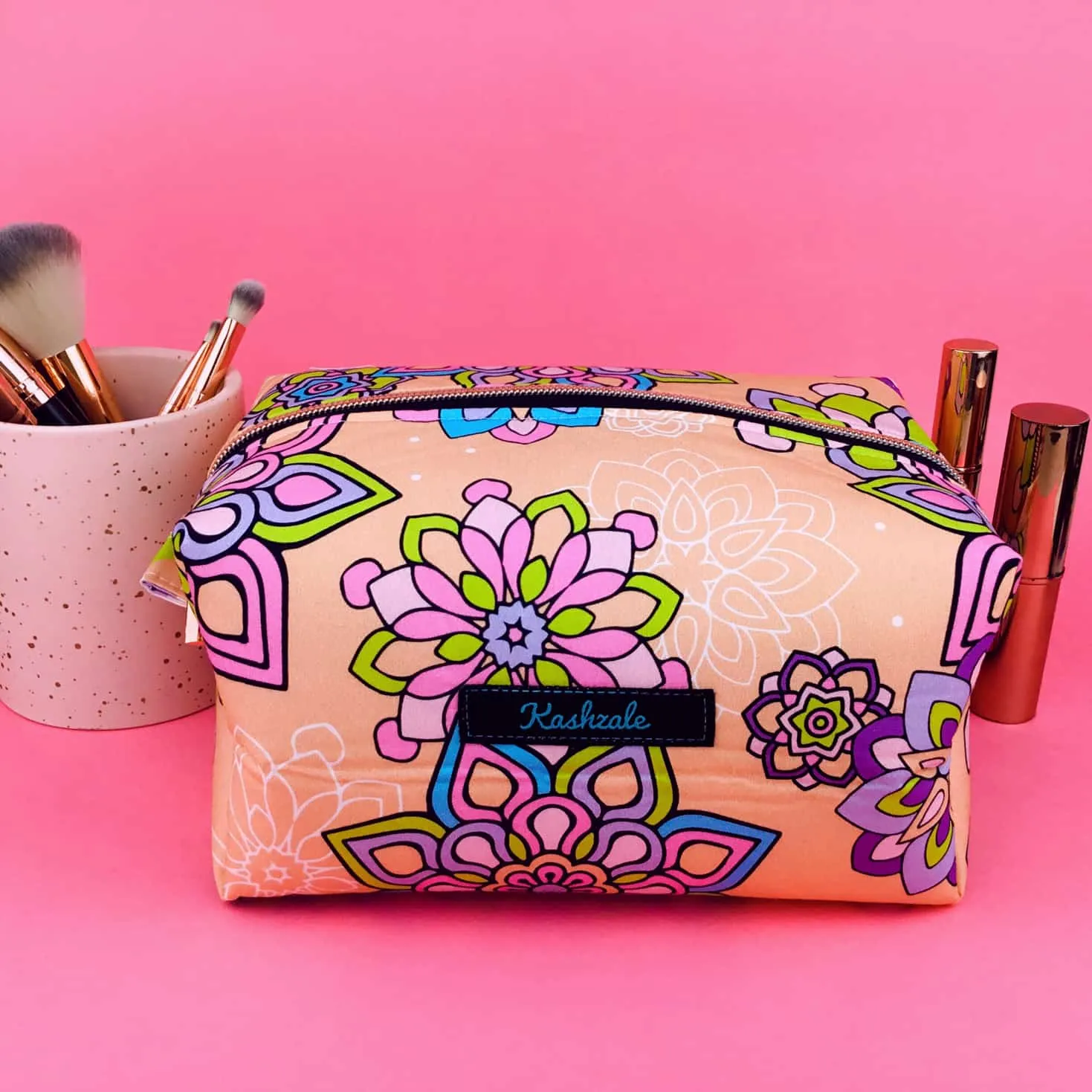 Mandala Magnifica Peach Large Box Cosmetic Bag. Exclusive Design.