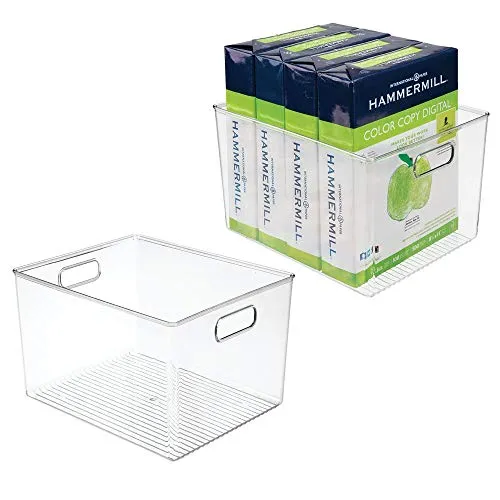mDesign Plastic Storage Container Bin with Carrying Handles for Home Office, Filing Cabinets, Shelves - Organizer for School Supplies, Pens, Pencils, Notepads, Staplers, Envelopes, 2 Pack - Clear