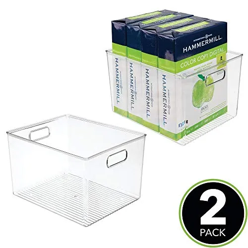 mDesign Plastic Storage Container Bin with Carrying Handles for Home Office, Filing Cabinets, Shelves - Organizer for School Supplies, Pens, Pencils, Notepads, Staplers, Envelopes, 2 Pack - Clear