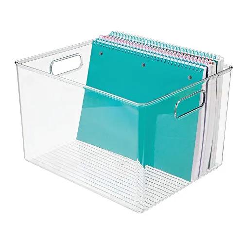 mDesign Plastic Storage Container Bin with Carrying Handles for Home Office, Filing Cabinets, Shelves - Organizer for School Supplies, Pens, Pencils, Notepads, Staplers, Envelopes, 2 Pack - Clear