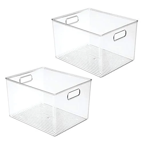 mDesign Plastic Storage Container Bin with Carrying Handles for Home Office, Filing Cabinets, Shelves - Organizer for School Supplies, Pens, Pencils, Notepads, Staplers, Envelopes, 2 Pack - Clear