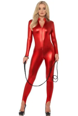 Metallic Red Zipfront Catsuit