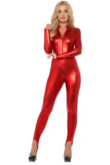 Metallic Red Zipfront Catsuit