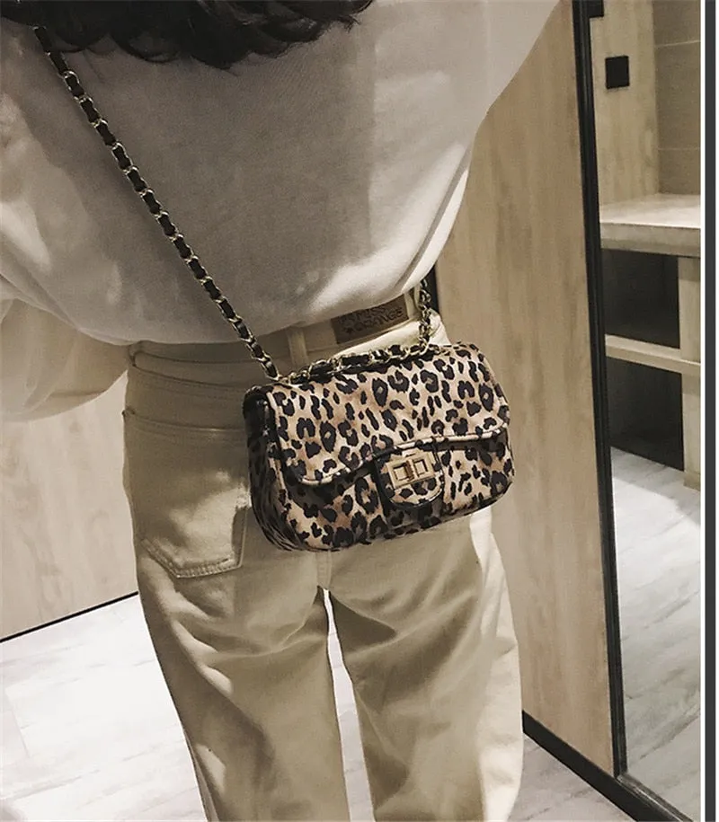 Mini Women Handbag Lock Leopard Small Square Bag Chain Shoulder Messenger Bag