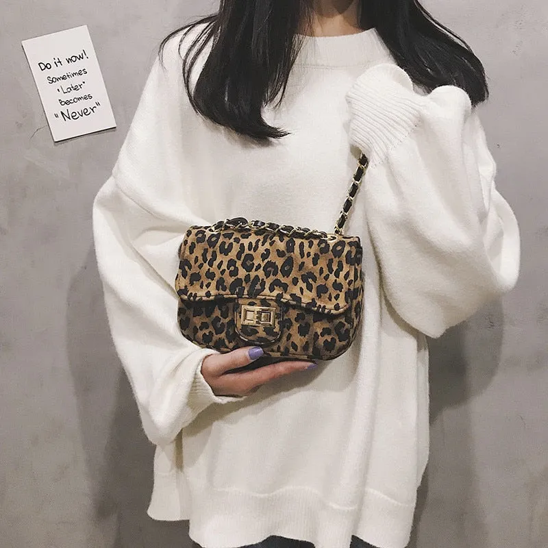 Mini Women Handbag Lock Leopard Small Square Bag Chain Shoulder Messenger Bag