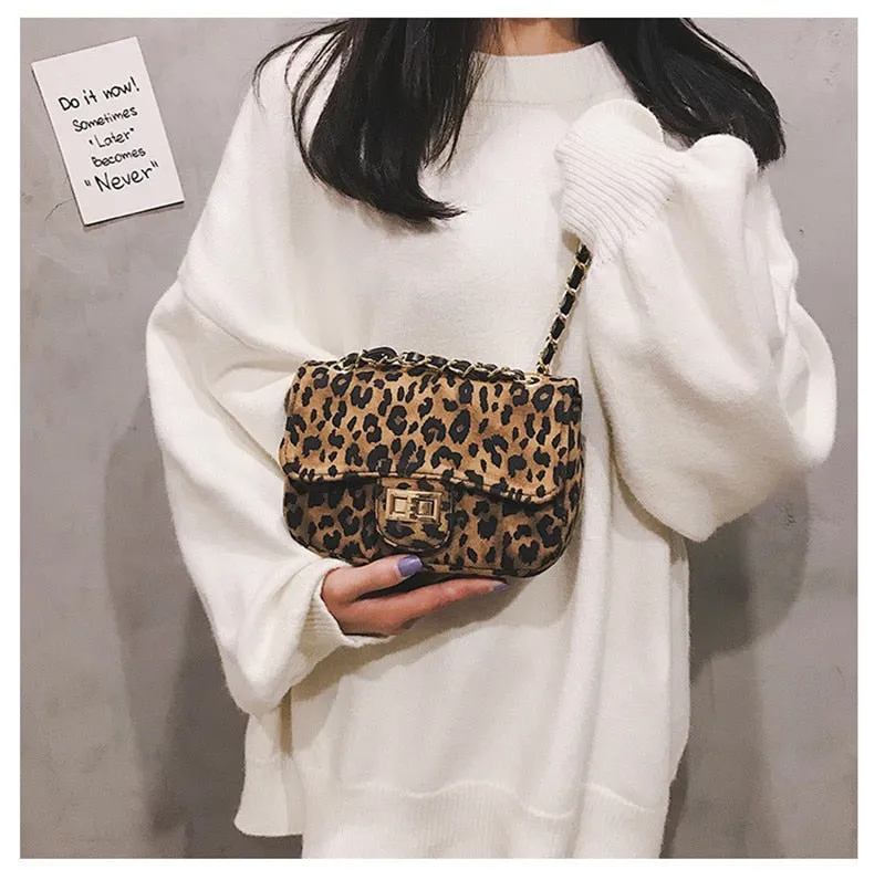 Mini Women Handbag Lock Leopard Small Square Bag Chain Shoulder Messenger Bag
