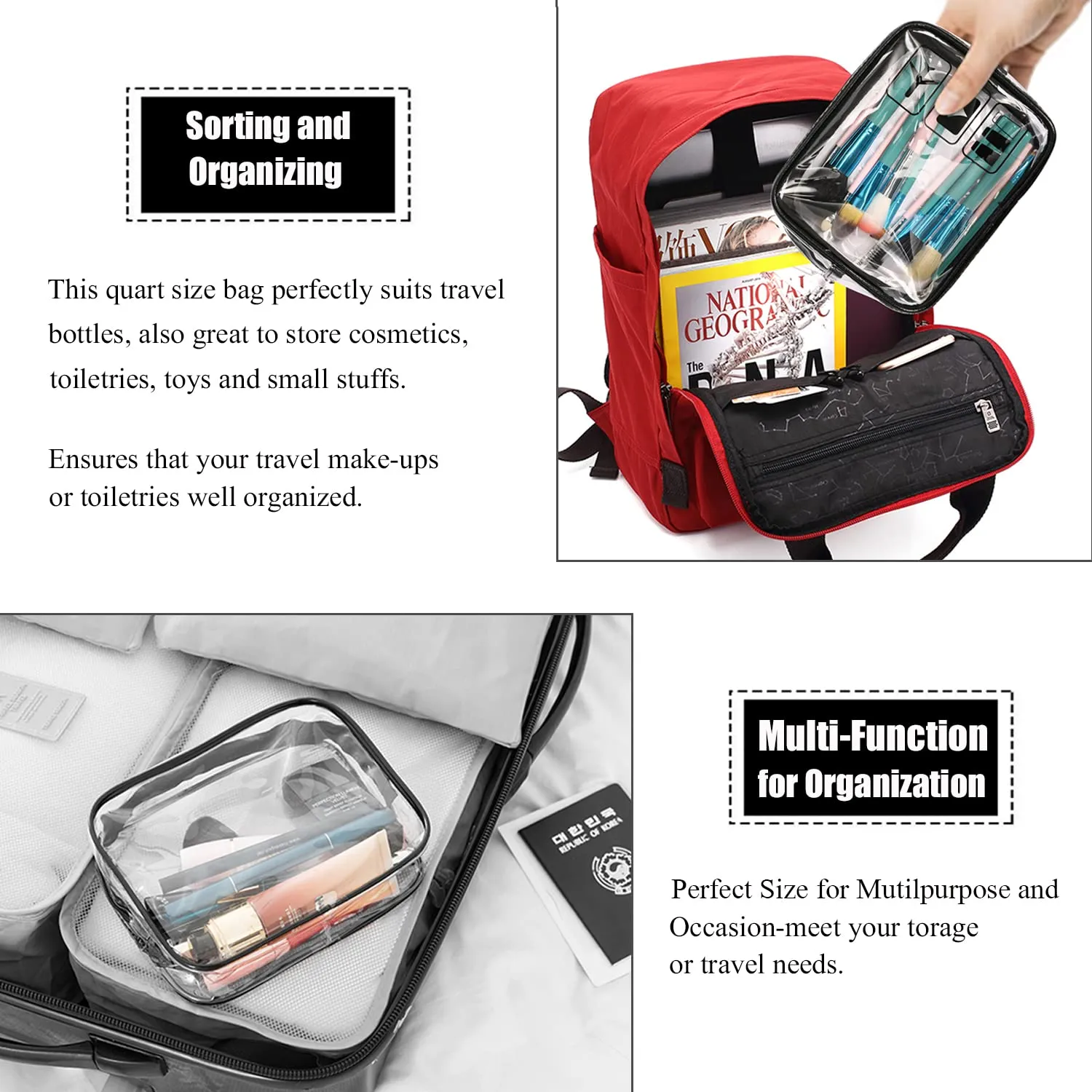MODENGKONGJIAN TSA Approved Toiletry Bag, 3 Pcs Clear Toiletries Bags Quart Size Travel Makeup Cosmetic Bag for Women Men, Carry on Airport Airline Compliant Bag (Pearl White)