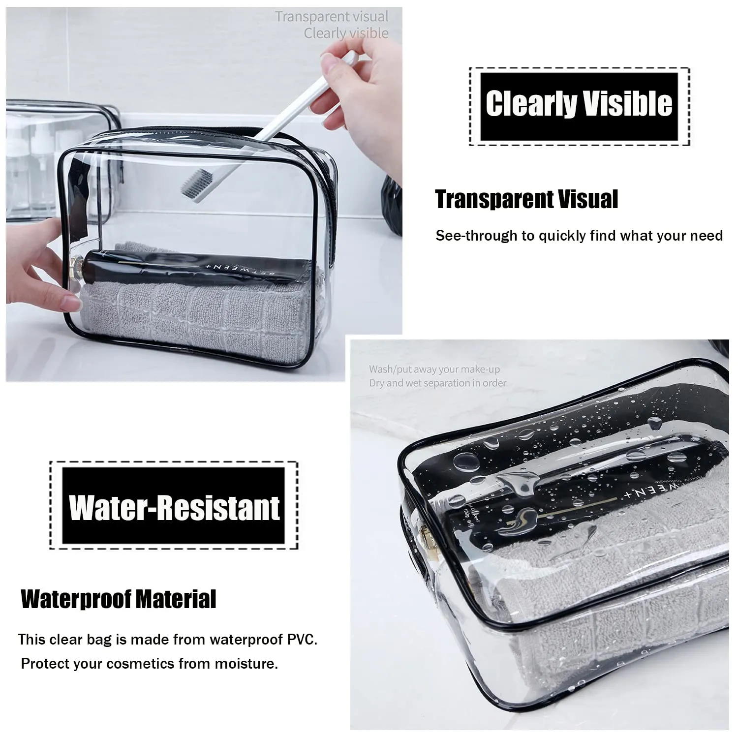 MODENGKONGJIAN TSA Approved Toiletry Bag, 3 Pcs Clear Toiletries Bags Quart Size Travel Makeup Cosmetic Bag for Women Men, Carry on Airport Airline Compliant Bag (Pearl White)